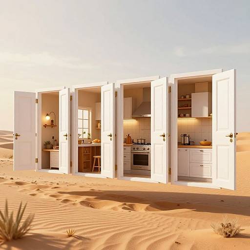 Photorealistic CGI of four white, open kitchen cabins in a desert with golden sand dunes, each cabin featuring different kitchen interiors.