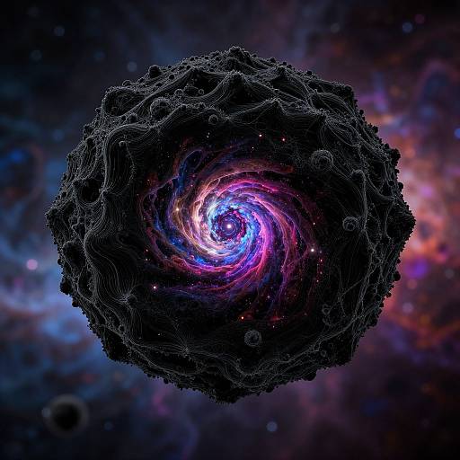 Digital artwork of a black, swirling galaxy with intricate, textured edges, surrounded by vibrant, neon-colored cosmic nebula in space.