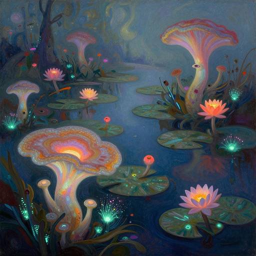Digital painting of a mystical underwater scene with glowing mushrooms, pink lotus flowers, bioluminescent plants, and vibrant blue water.