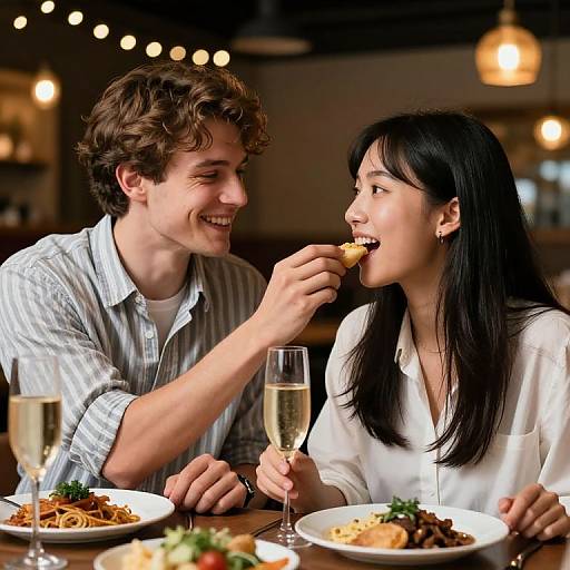 Photograph of a smiling young couple sharing a bite of food at a dimly lit restaurant, holding champagne glasses, with plates of pasta in front of