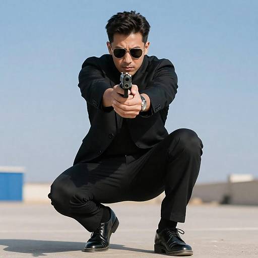 Crouching Man Aiming Handgun Photograph