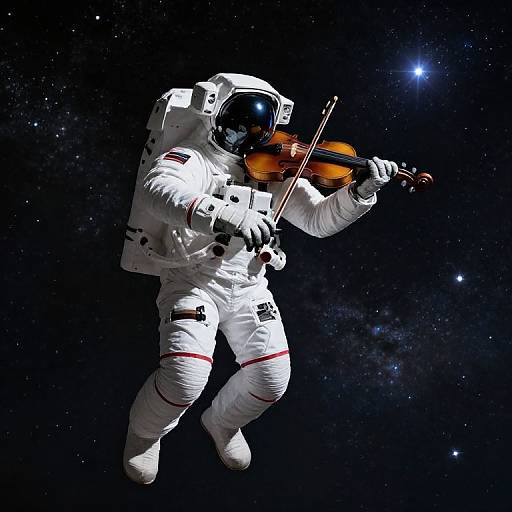 Photograph of an astronaut in a white spacesuit floating in space, playing a violin against a starry, dark cosmic background.