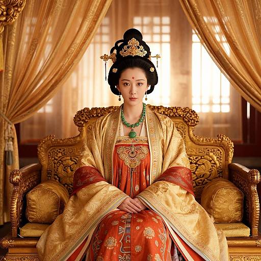 Photograph of an East Asian woman in regal gold and red traditional Chinese dress with intricate embroidery, seated on an ornate golden throne, adorned with