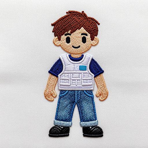 Digital drawing of a cartoon boy with brown hair, wearing a white vest, blue shirt, blue jeans, and black shoes, standing against a white background