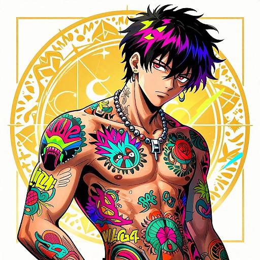 Tattooed, muscular anime man with black, spiky hair, colorful tattoos, necklace, and earrings, stands confidently against a yellow, circular
