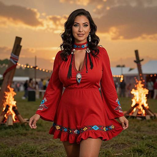 Photograph of a dark-haired woman in a red, embroidered dress with a deep V-neck, standing in a sunset-lit, outdoor festival with fires