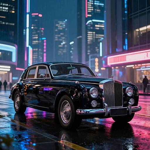 Photograph of a shiny black classic Rolls-Royce driving on a wet, neon-lit city street at night, with colorful lights reflecting off the