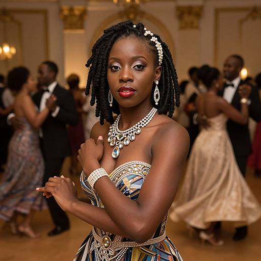 Photograph of a beautiful Black woman with dark skin, wearing an ornate, strapless, multicolored gown, sparkling jewelry, and red lipstick