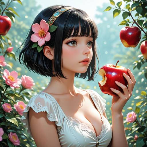 Girl Holding a Bitten Red Apple in Garden