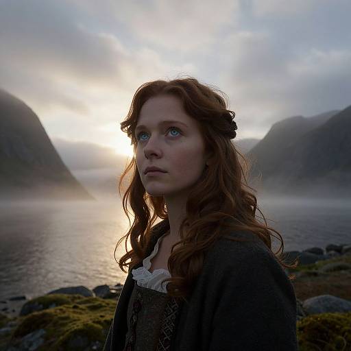 Photograph of a red-haired woman with blue eyes, wearing a dark medieval-style dress, standing by a misty lake at sunrise, with mountains in