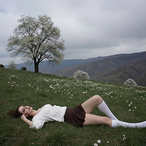 Photograph of a young woman with pale skin, black hair, white shirt, black shorts, and white knee-high socks, lying on grassy hill