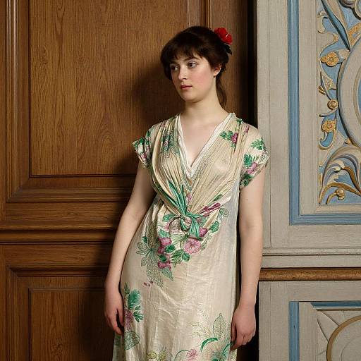 Photograph of a pale-skinned woman with dark hair in a bun, wearing an ivory floral embroidered dress, leaning against a wooden and ornately painted