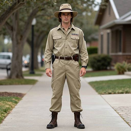 Photograph of a young white man in a tan park ranger uniform, wide-brimmed hat, black boots, standing on a suburban sidewalk.