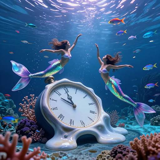 Photograph: Two iridescent mermaids with colorful scales, floating underwater, arms raised, around a white, vintage clock face on a reef,