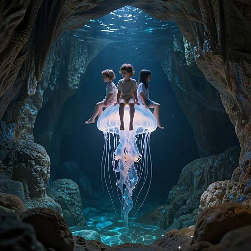 Digital artwork of three children sitting on a glowing, bioluminescent jellyfish in a dark, cave-like underwater setting.