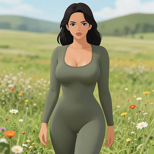 Digital anime-style drawing of a curvy woman with large breasts, black hair, and green long-sleeve bodysuit, standing in a colorful