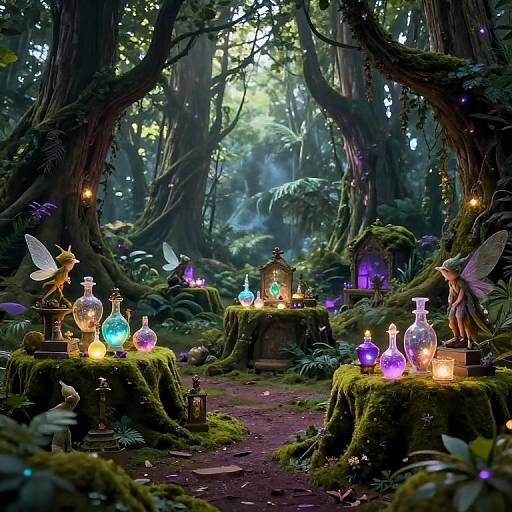 Fantastical forest scene with glowing potions, fairy lights, and tiny fairies on moss-covered stools, illuminated by ethereal lanterns in a dense