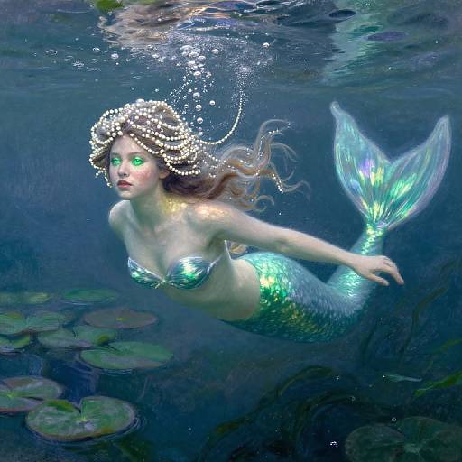 Digital painting of a glowing green-eyed mermaid with iridescent scales, pearl-adorned hair, and a shimmering tail, swimming through a