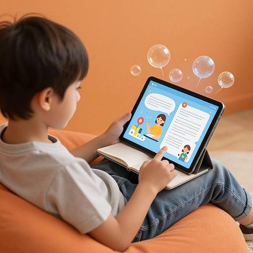 Photograph of a young boy with short black hair, wearing a white shirt and blue jeans, using a laptop on an orange beanbag, with digital