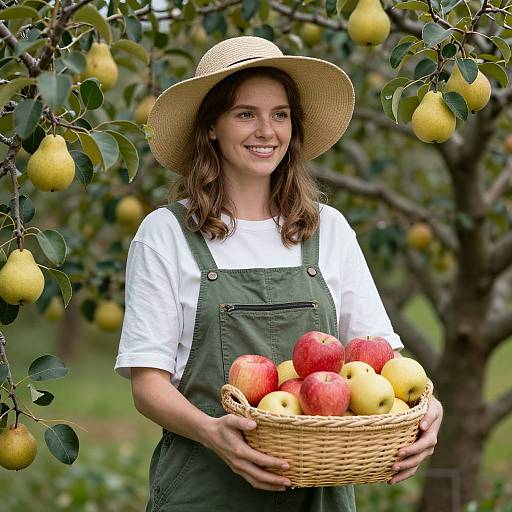 Photograph of a smiling woman with brown hair, wearing a straw hat, green overalls, and white shirt, holding a basket of red and yellow