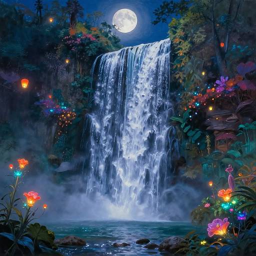 Digital painting of a luminous waterfall under a full moon, surrounded by colorful glowing flowers and lanterns in a lush forest.