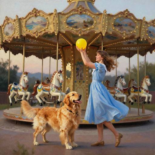 Photograph of a smiling woman in a blue dress, holding a glowing yellow ball, standing with a golden retriever in front of a vintage, orn