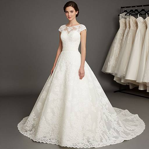 Photograph of a slender, dark-haired woman in an elegant, white lace wedding gown with a full skirt and short sleeves, standing against a dark grey