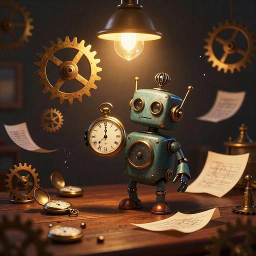 Tiny Steam Robot Clockmaker Illustration