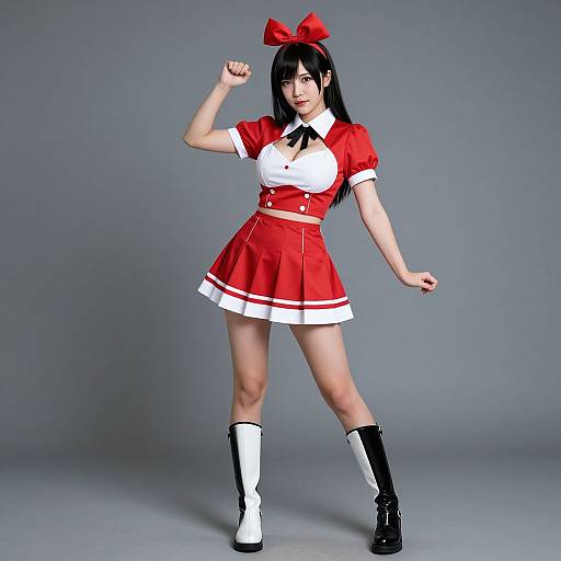 Photograph of an Asian woman cosplaying a red and white maid outfit with black boots, white socks, and a red bow, striking a confident pose