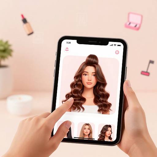 Photograph of a hand holding a smartphone displaying a portrait of a woman with wavy brown hair, with smaller versions of her face below. Blurred