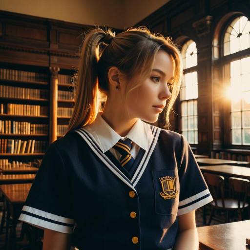 Young Woman in Vintage School Uniform in Library