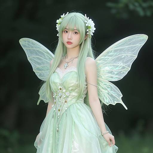 Digital CGI fairy portrait: Pale green-haired woman with white dress, translucent wings, flower crown, and delicate jewelry, set against a dark forest background.