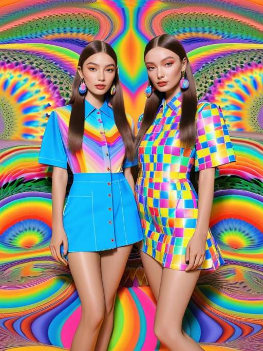 Twins in Colorful Dresses with Psychedelic Background