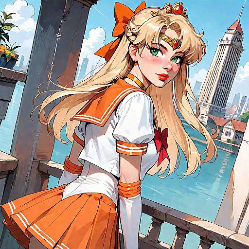 Anime Magical Girl in Orange Sailor Uniform by Waterfront