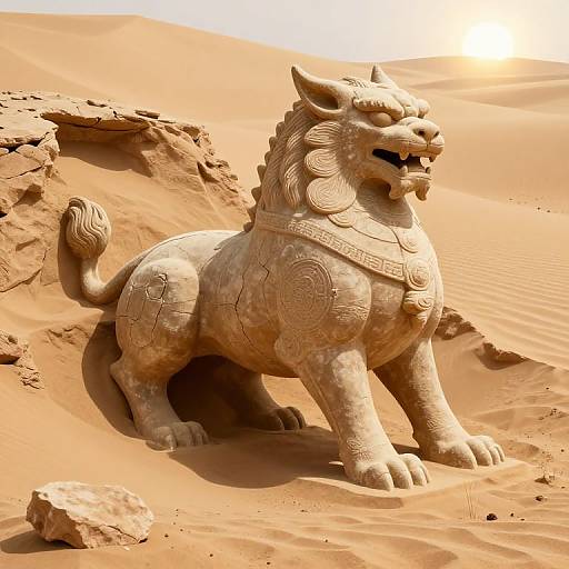 Photograph of a detailed stone lion statue with intricate carvings, standing in a sunlit, sandy desert with rocky terrain.