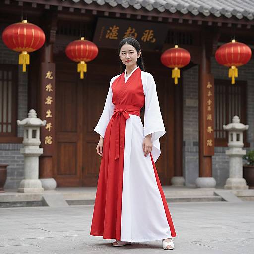 Woman in Red Costume by Lanterns