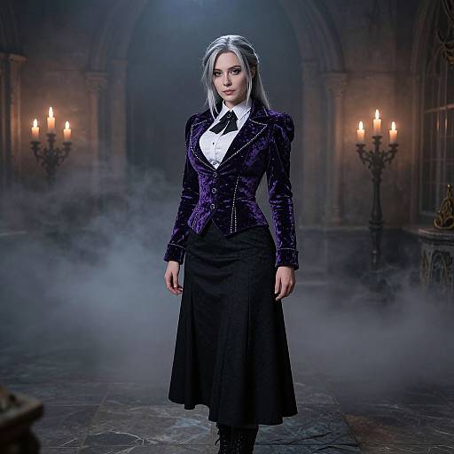 Digital artwork of a silver-haired woman in a dark purple velvet jacket and black skirt, standing in a misty, candle-lit Gothic hall.