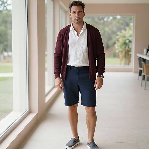 Photograph of a medium-build, dark-haired man with a beard, wearing a maroon cardigan, white shirt, navy shorts, and gray sneakers