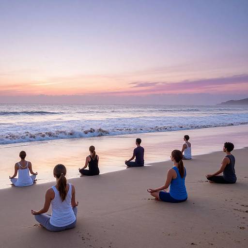 Photograph of seven people meditating on a beach at sunset, wearing casual yoga clothes, seated in lotus position, with gentle waves and a colorful