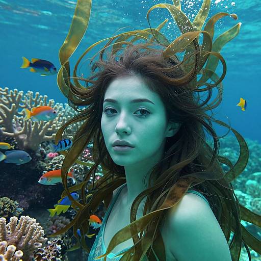Underwater photograph of a fair-skinned, brown-haired woman with flowing seaweed-like hair, surrounded by colorful fish and coral, wearing a blue top