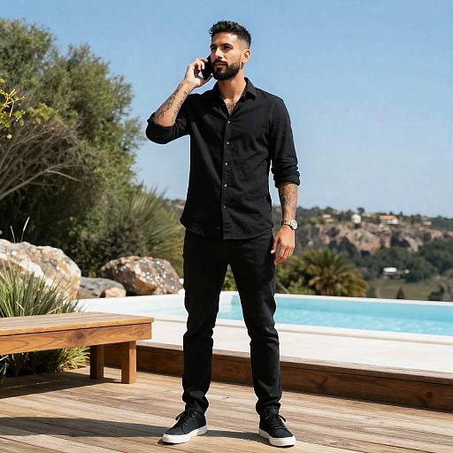 Man Talking on Phone by Poolside Deck