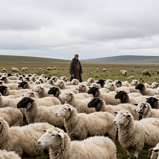 Photograph of a shepherd in dark clothing standing amidst a large flock of black-and-white sheep in a vast, grassy field under a cloudy sky.