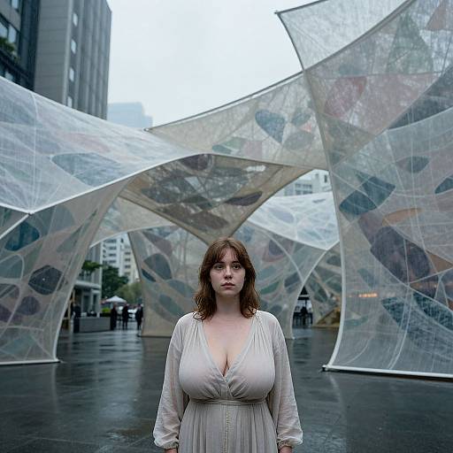 Photograph of a pale-skinned, brown-haired woman with large breasts in a low-cut, white dress, standing in front of a colorful, translucent