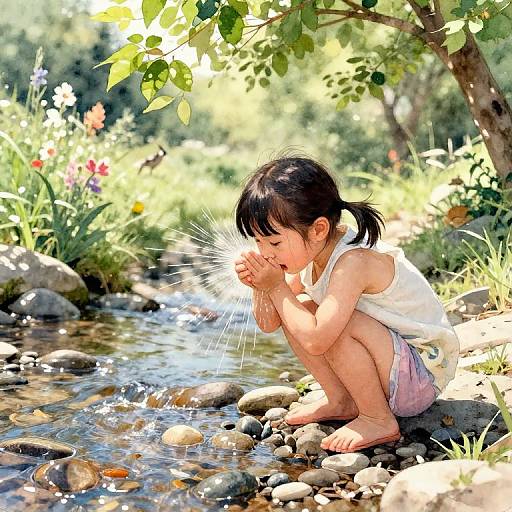 Playful Girl by Sparkling Stream