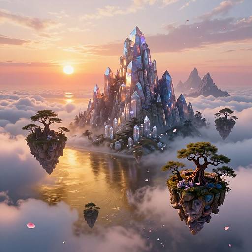 Fantastical CGI image of a glowing, crystalline castle floating above a misty, cloud-covered waterway at sunset, surrounded by floating islands with