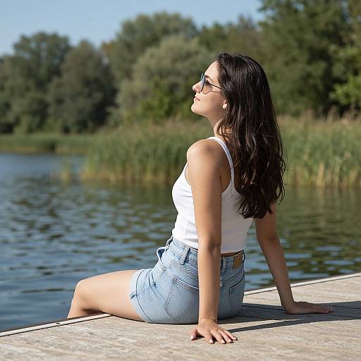 Photograph of a young woman with long dark hair, wearing sunglasses, white tank top, and denim shorts, sitting by a serene lake.