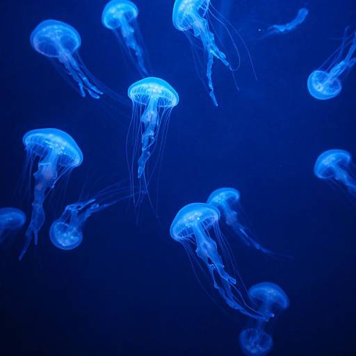 Photograph of glowing blue jellyfish with translucent, flowing tentacles against a dark blue underwater background, creating a mesmerizing, ethereal scene.