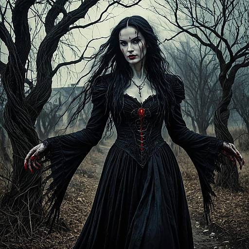 Gothic Woman in Black Dress in Twisted Willow Grove
