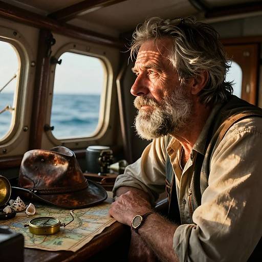 Photograph of a weathered, gray-bearded man with wavy hair, wearing a beige shirt and brown vest, sitting inside a sunlit boat