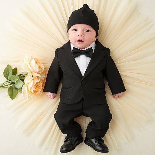 Photograph of baby in black tuxedo, bowtie, and beanie, lying on cream fabric with two yellow roses to the left.